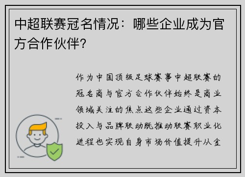 中超联赛冠名情况：哪些企业成为官方合作伙伴？